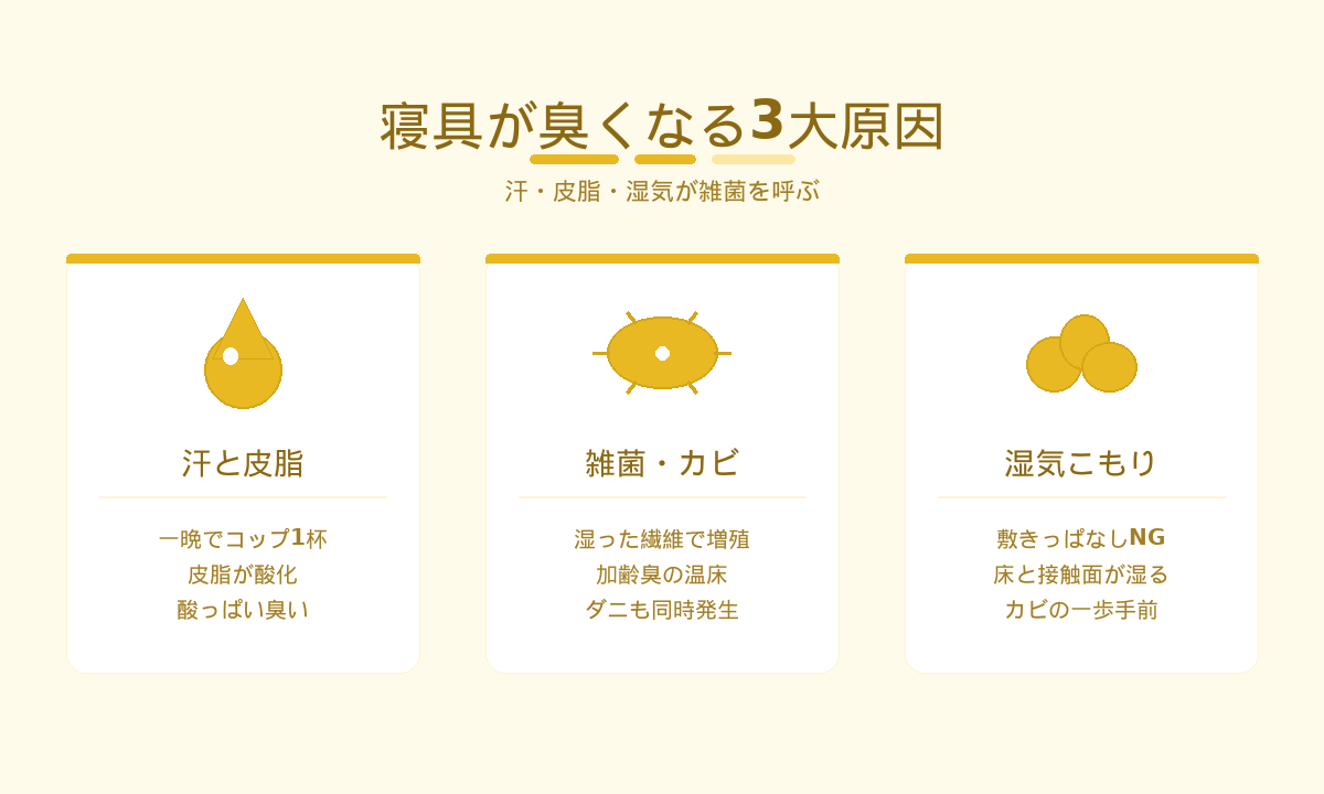 寝具が臭くなる3大原因｜汗と皮脂・雑菌とカビ・湿気こもりのトリプル要因