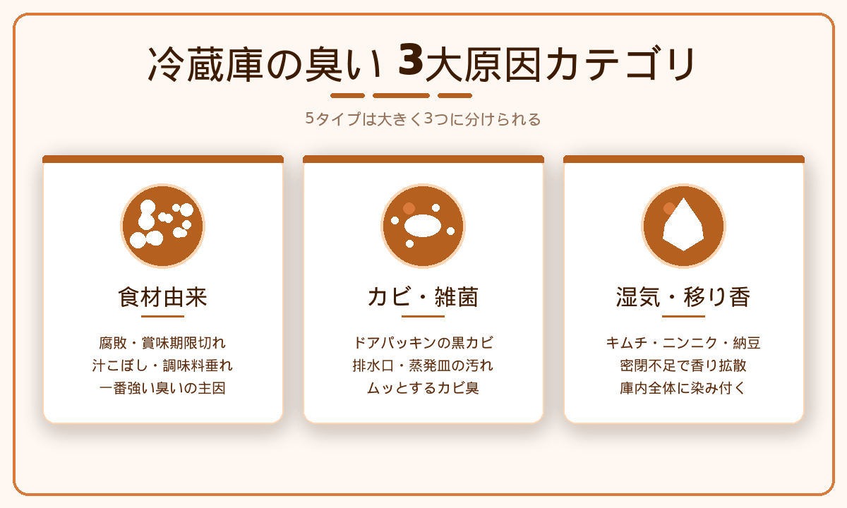 冷蔵庫の臭い3大原因カテゴリ｜食材由来・カビ雑菌・湿気移り香の3グループ
