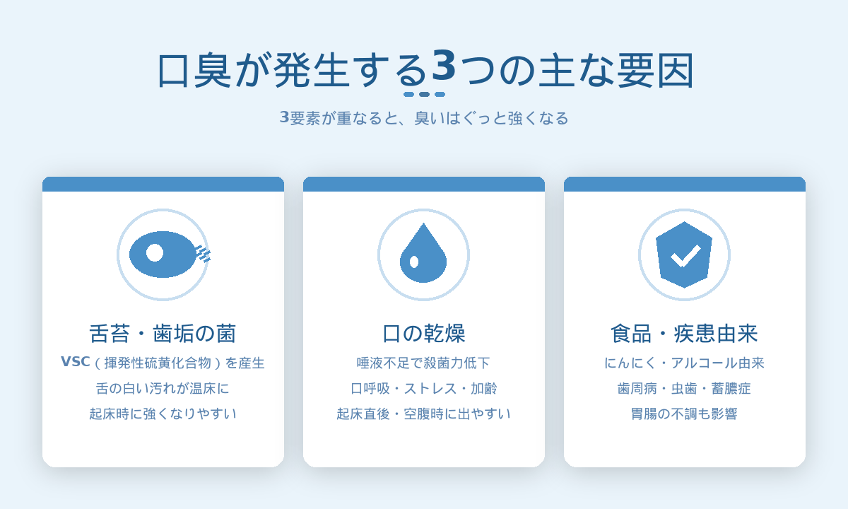 口臭の3大要因｜舌苔・歯周病/虫歯・乾燥/口呼吸が重なって悪化