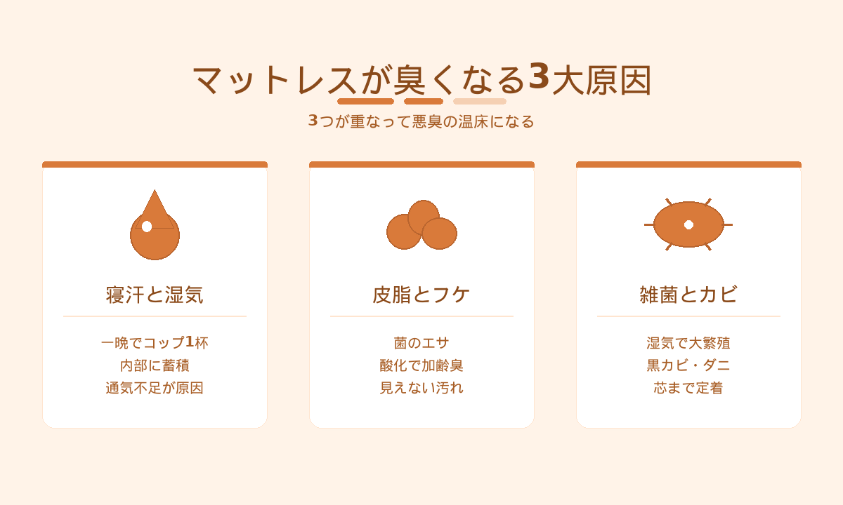 マットレスが臭くなる3大原因|寝汗と湿気・皮脂とフケ・雑菌とカビが重なって悪臭の温床になる