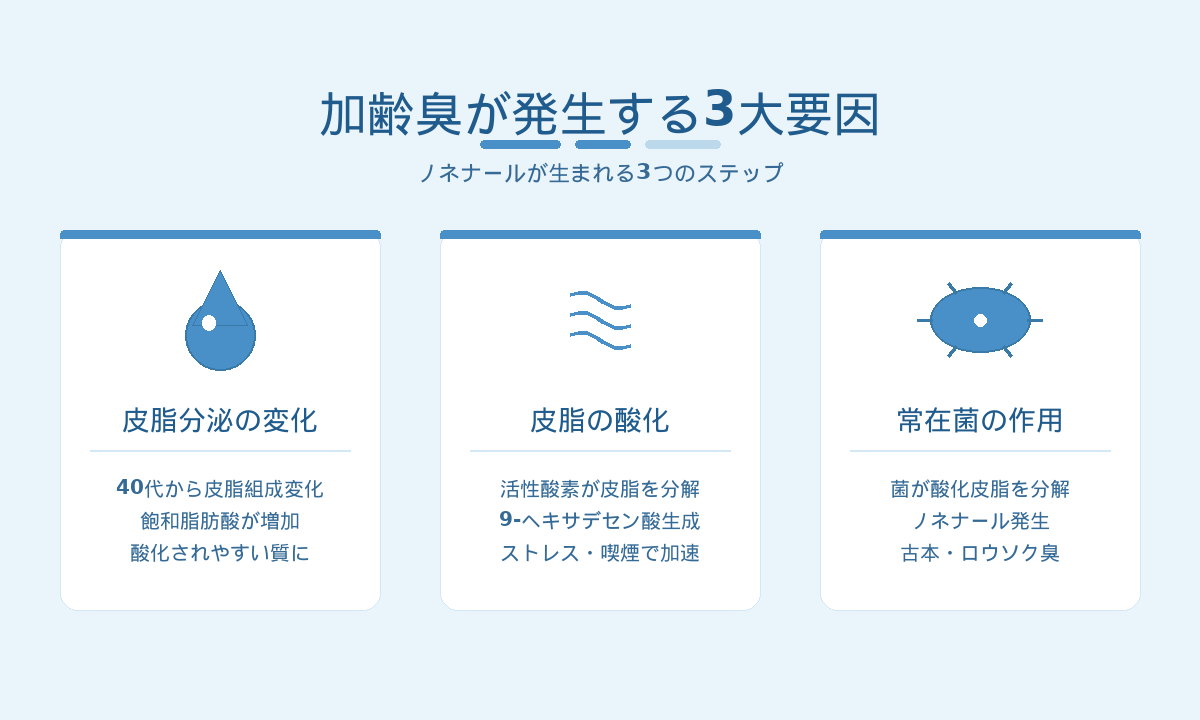 加齢臭が発生する3大要因｜皮脂分泌の変化・皮脂の酸化・常在菌の作用でノネナールが生まれる仕組み