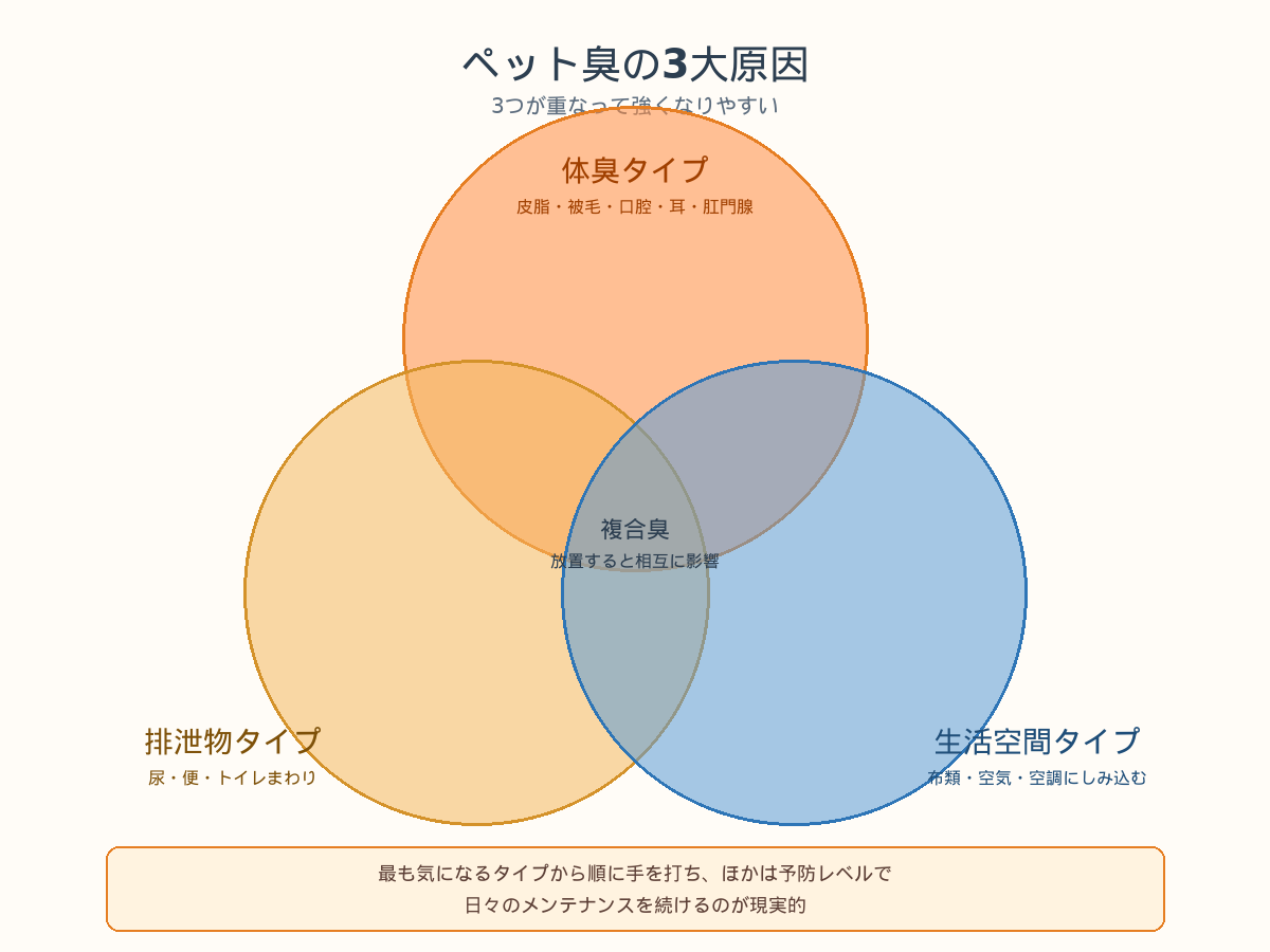 ペット臭の3大原因（体臭・排泄物・生活空間）を示すベン図