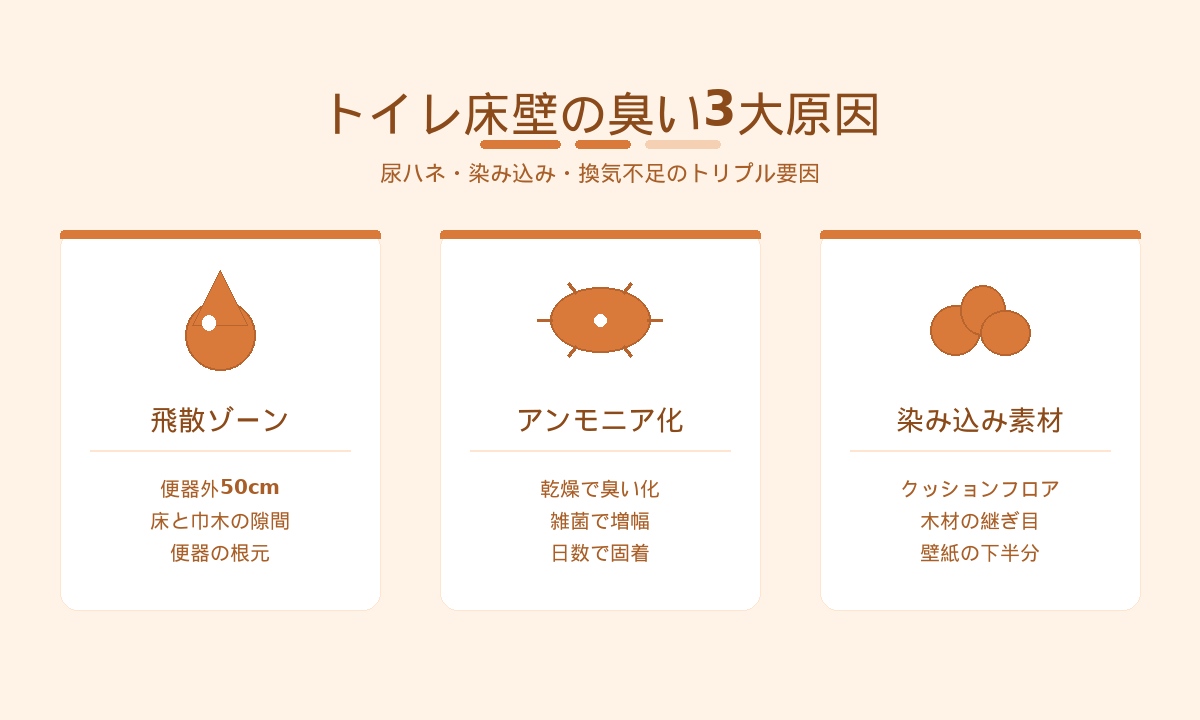 トイレ床壁の臭い3大原因｜尿ハネ・染み込み・換気不足のトリプル要因