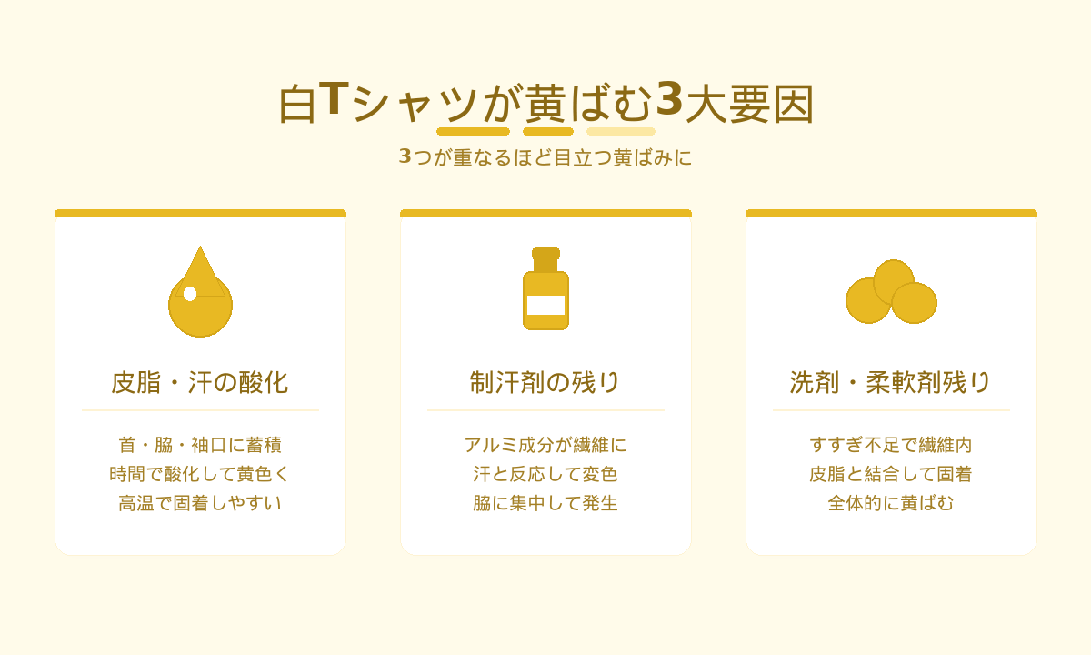 白Tシャツが黄ばむ3大要因｜皮脂・汗の酸化、制汗剤の残り、洗剤・柔軟剤残りが重なって黄ばみが目立つメカニズム