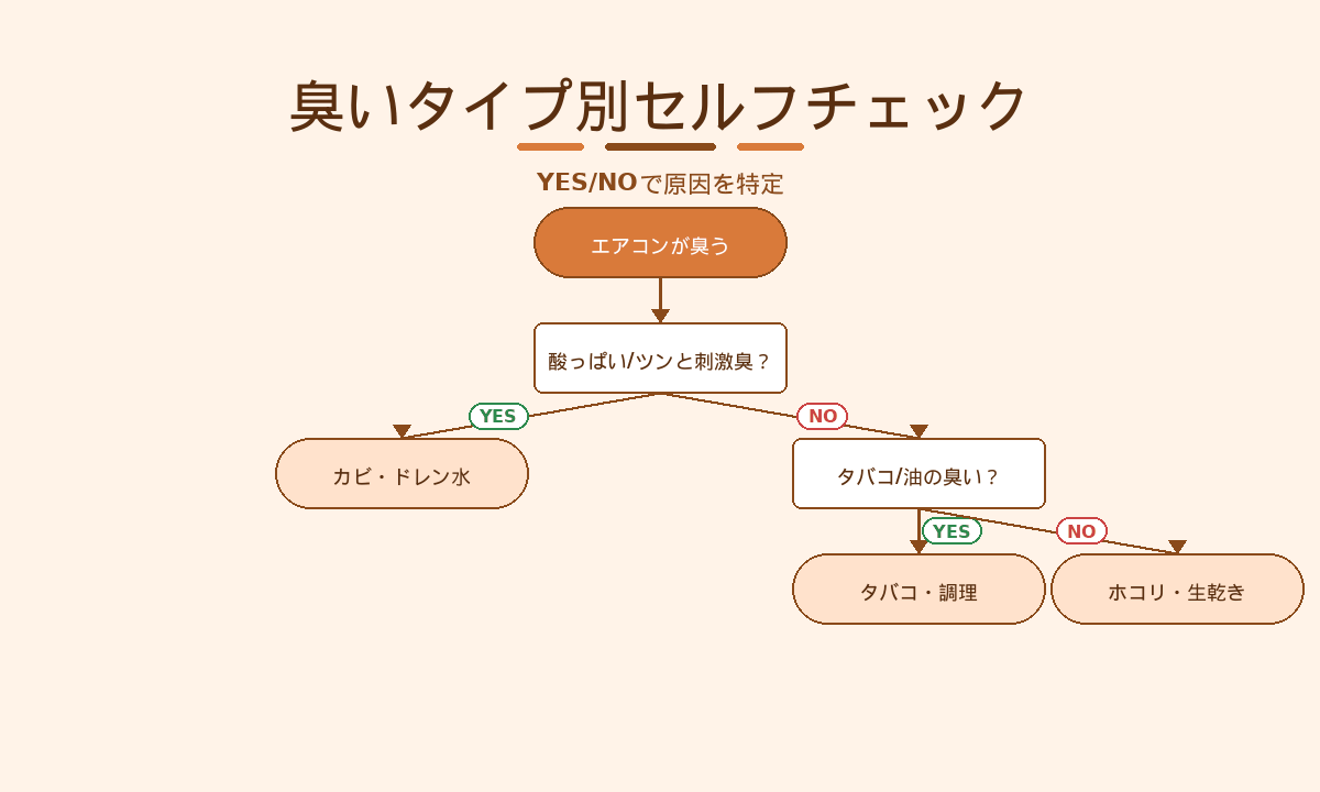 エアコンの臭いタイプ別セルフチェック｜YES/NOで原因を特定するフローチャート