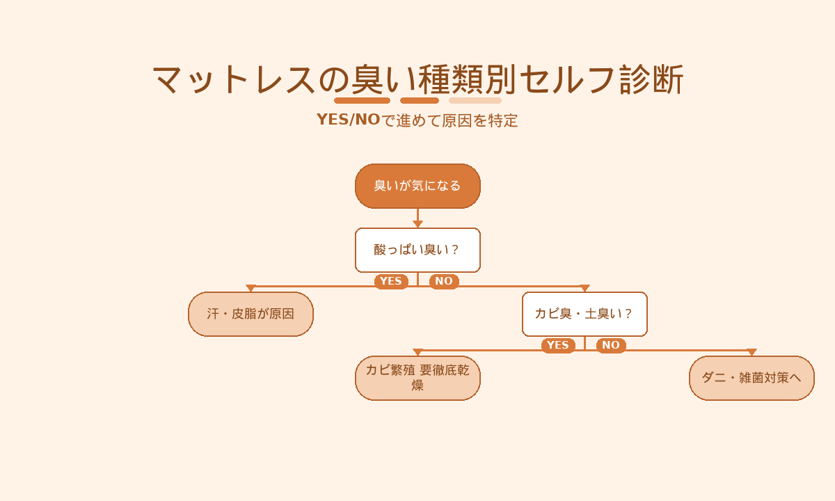 マットレスの臭い種類別セルフ診断|YES/NOで進めて汗・皮脂・カビ・ダニのどれが原因か特定