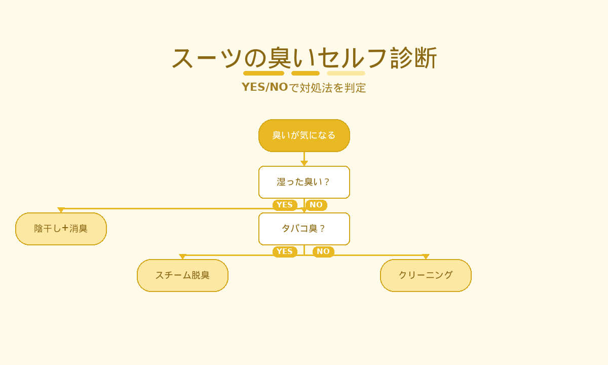 スーツの臭いセルフ診断フローチャート｜湿った臭い・タバコ臭で対処法を判定