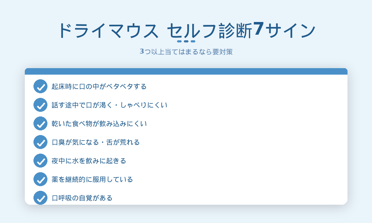 ドライマウスのセルフ診断7サイン|起床時のベタつき・話す途中で口が渇く等