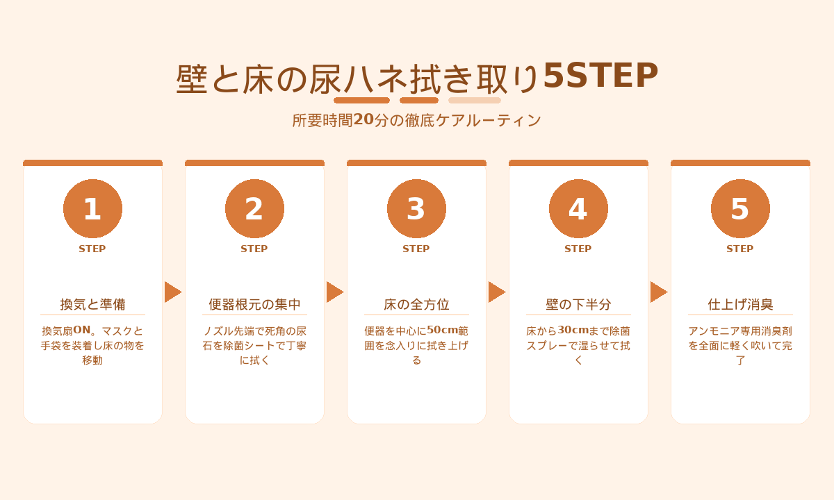 壁と床の尿ハネ拭き取り5STEP｜換気・便器根元・床・壁・仕上げ消臭の順で20分ケア