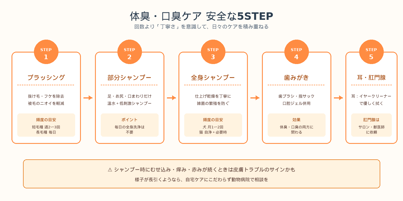 体臭・口臭ケアの安全な5STEPフロー（ブラッシング→部分シャンプー→全身シャンプー→歯みがき→耳・肛門腺）