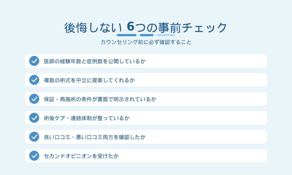 ワキガ手術で後悔しないための6つの事前チェックリスト｜医師経験・術式提案・保証・術後ケア・口コミ・セカンドオピニオン（2026年版）
