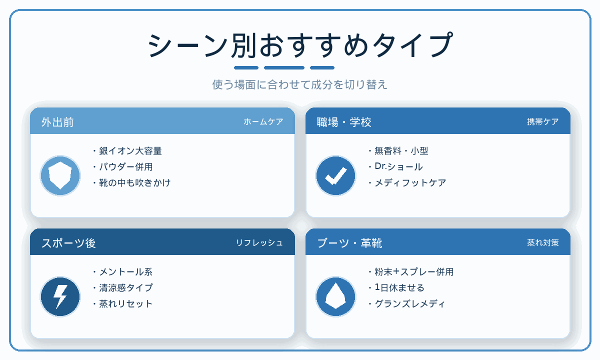 足用消臭スプレーのシーン別おすすめ｜外出前・職場や学校・スポーツ後・ブーツや革靴