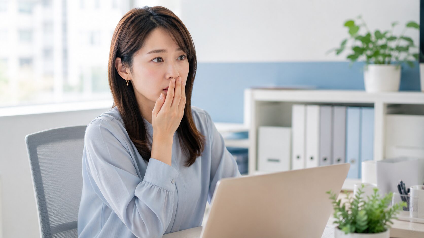 口臭で歯医者に行く目安｜オフィスで自分の口臭が気になり考え込む様子