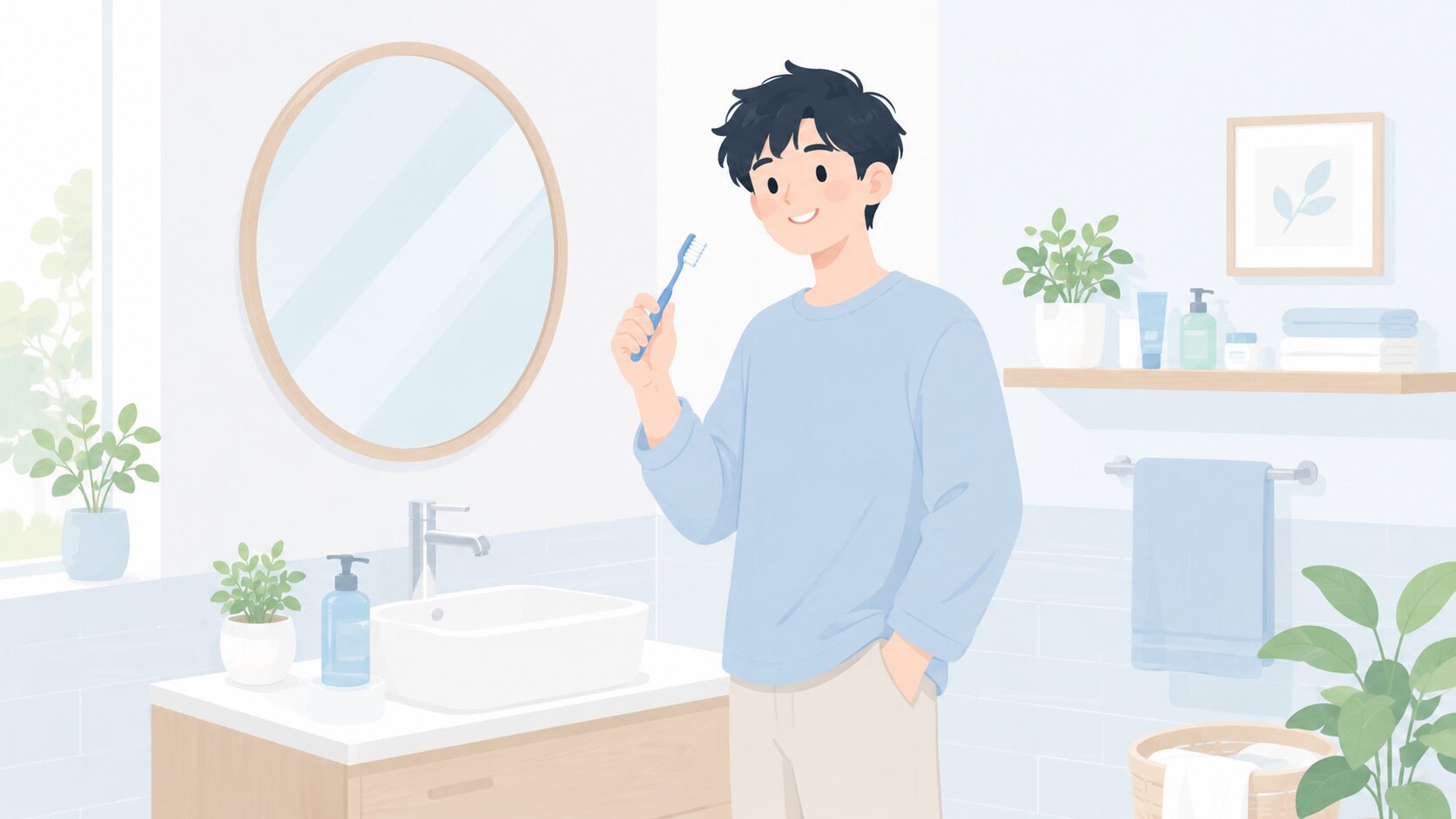 口臭ケア習慣の朝のルーティン｜清潔感のある洗面所で歯ブラシを手にした若い男性