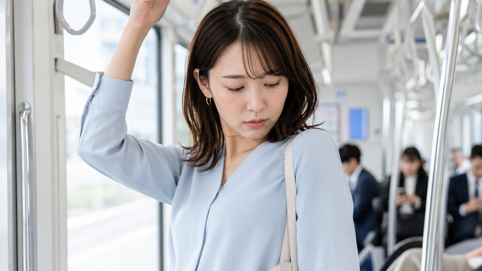 ワキガ市販薬で対応できるレベル判断｜電車内で吊革を握りながら自分の臭いを気にする女性