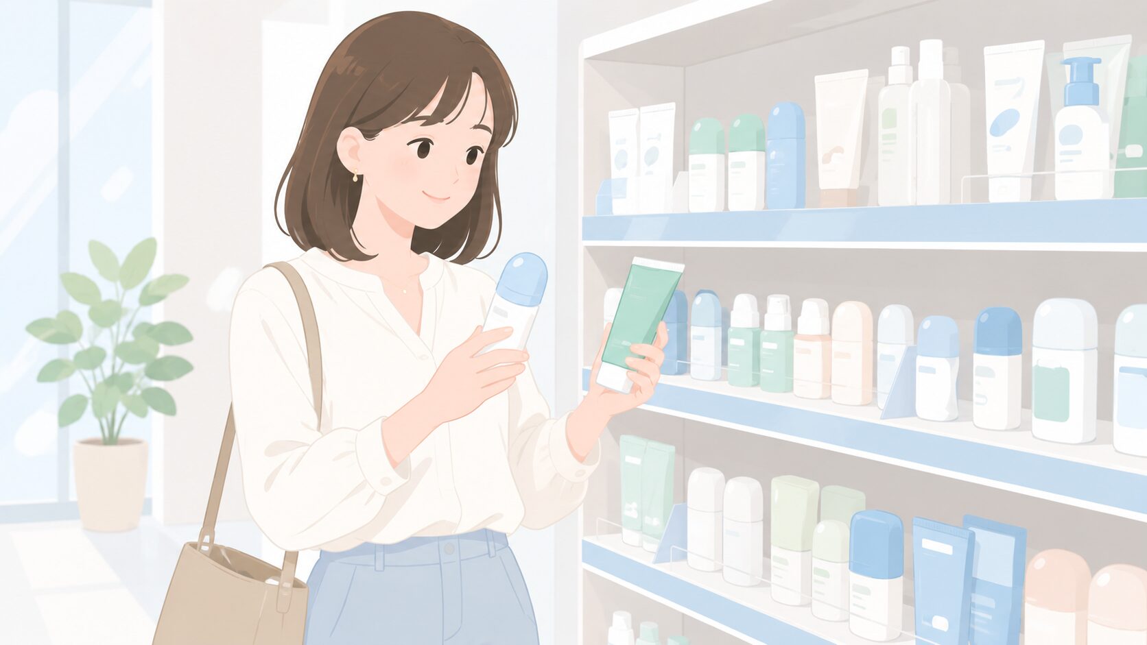 ワキガ市販薬の選び方｜ドラッグストアの売場で2つの製品を見比べる女性