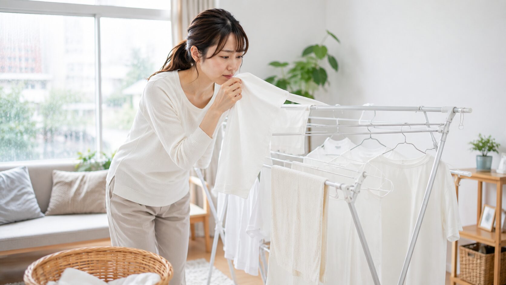 部屋干し中のシャツの臭いを確認する女性｜生乾き臭に悩む生活シーン