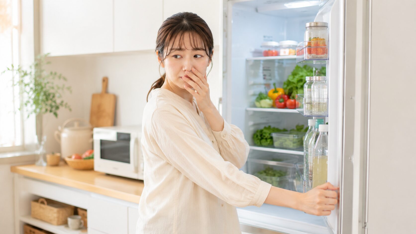 冷蔵庫を開けて臭いに気付く女性｜キッチンの嫌なニオイに困る生活シーン
