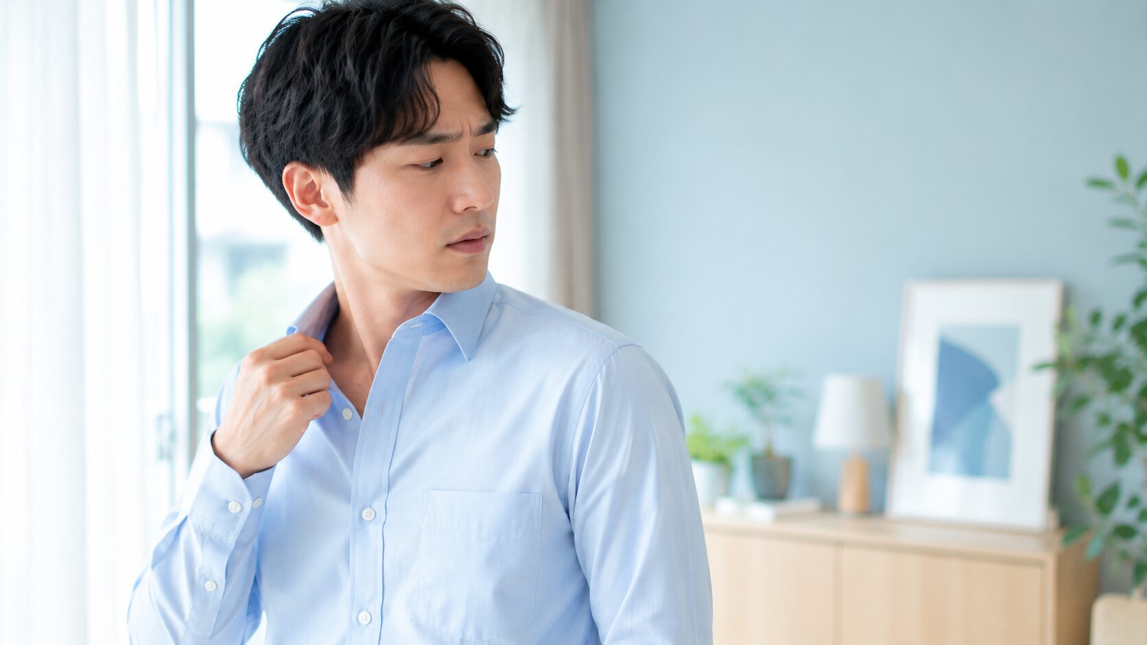 体臭をセルフチェックする30代男性|水色シャツの襟を持ち上げて自分のにおいを気にする日常シーン
