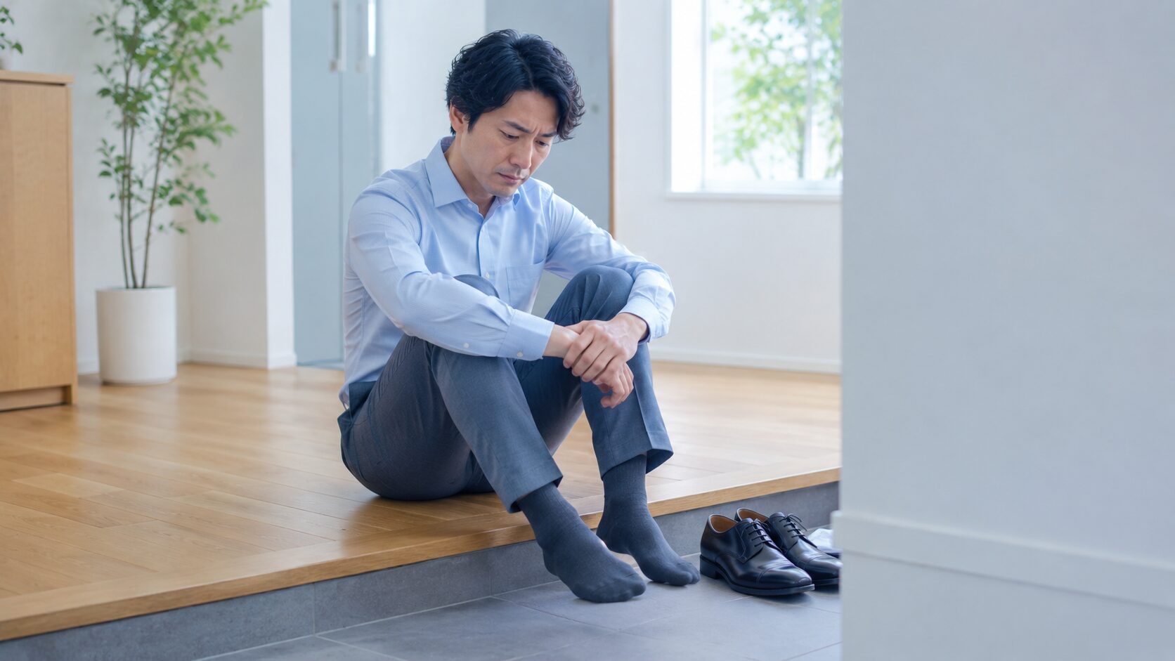 足の臭いに悩む男性｜帰宅後に革靴を脱いだ瞬間の匂いセルフチェック