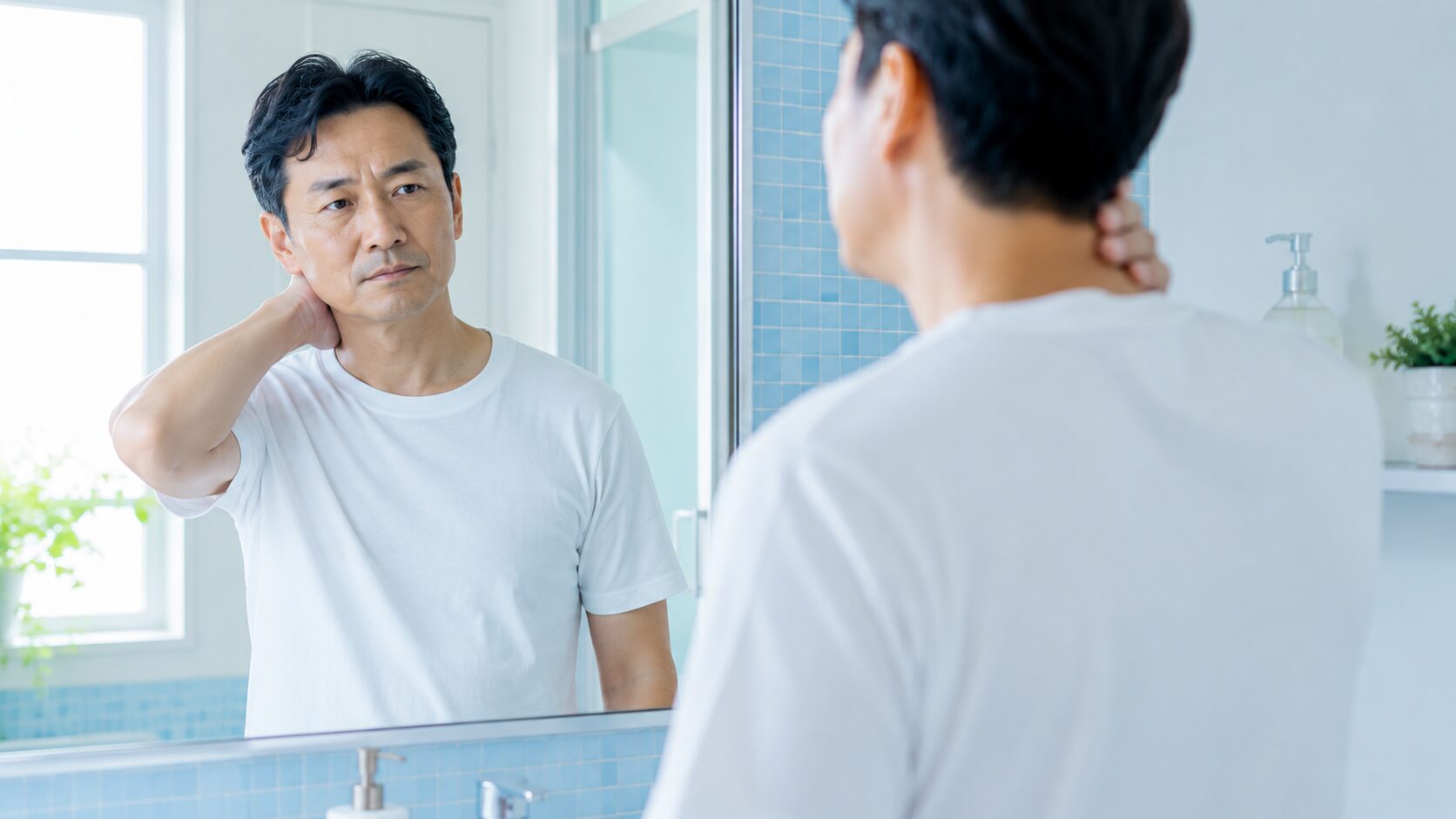加齢臭セルフチェック｜洗面所の鏡前で首後ろを気にする40代男性
