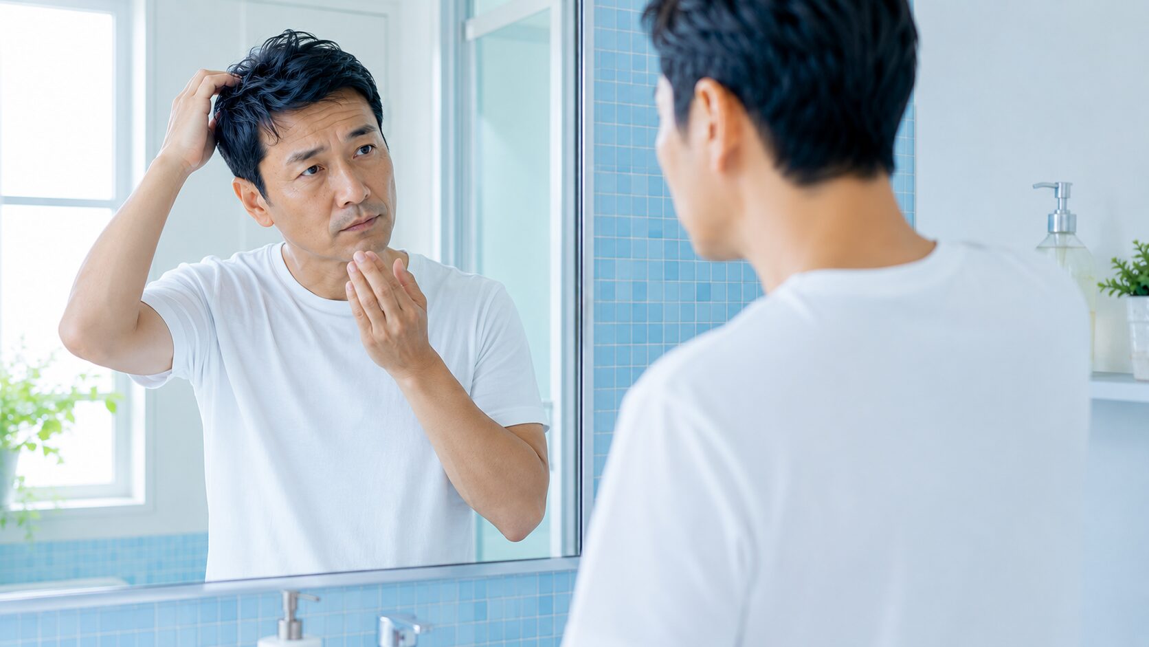 頭皮臭セルフチェック|洗面所の鏡前で頭頂部の皮脂と頭皮のニオイを確かめる40代男性