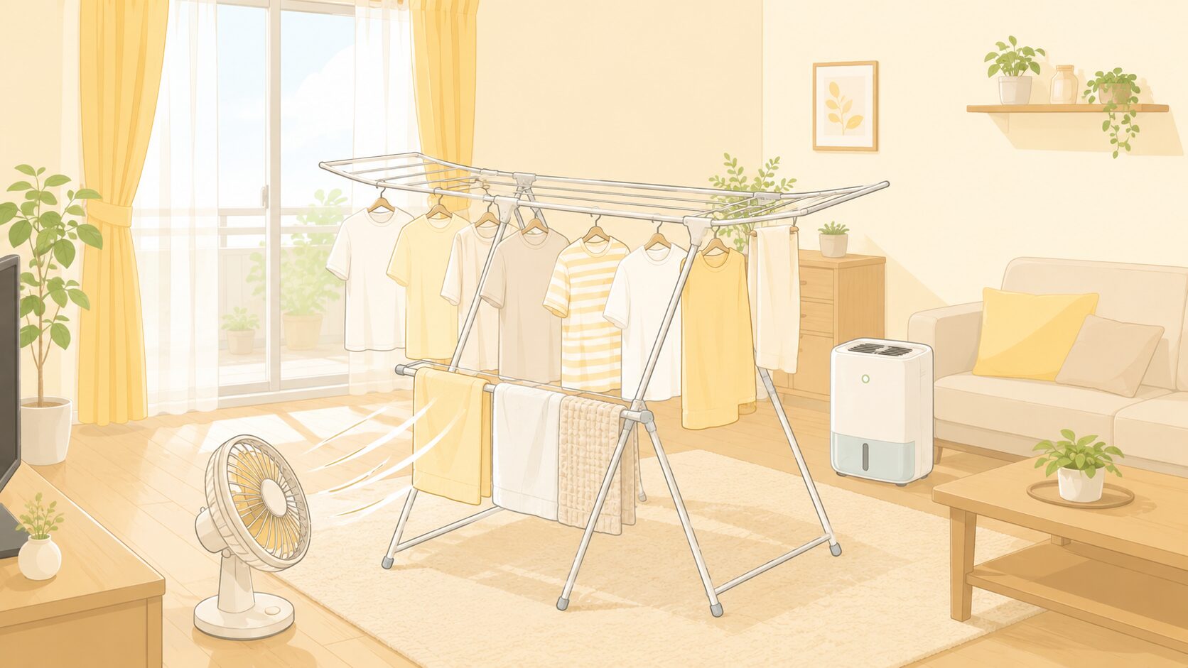 部屋干しリビング全体図|扇風機と除湿機を組み合わせた5時間以内乾燥のコツ