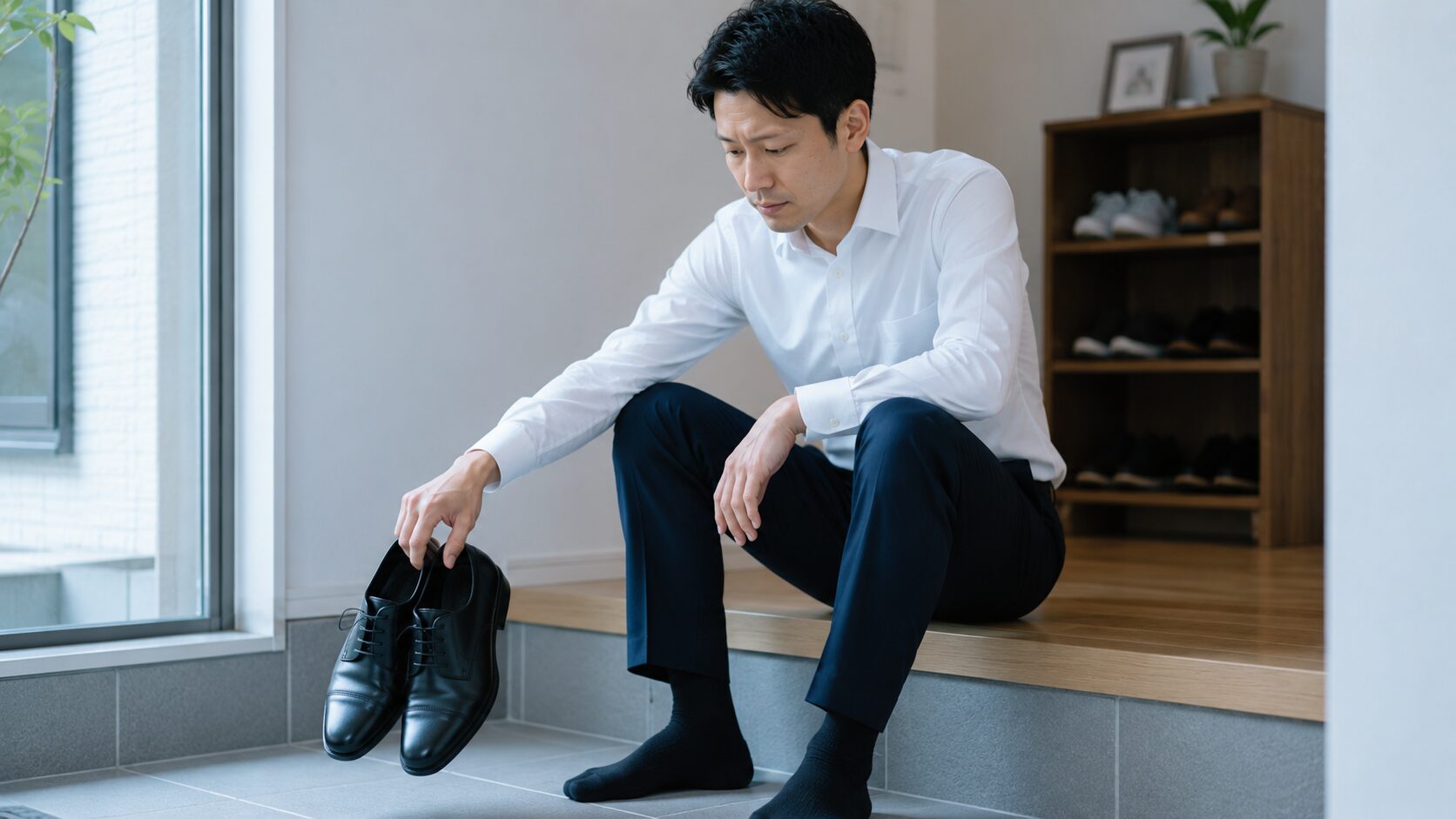 玄関で革靴を見つめる30代男性|足のニオイをセルフチェックする悩み感情