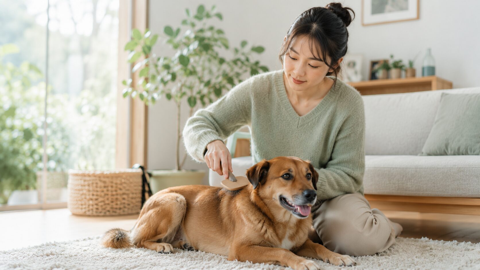 ペット臭セルフチェック｜30代女性が愛犬を優しくブラッシングしながら被毛と皮脂の状態を確認するシーン