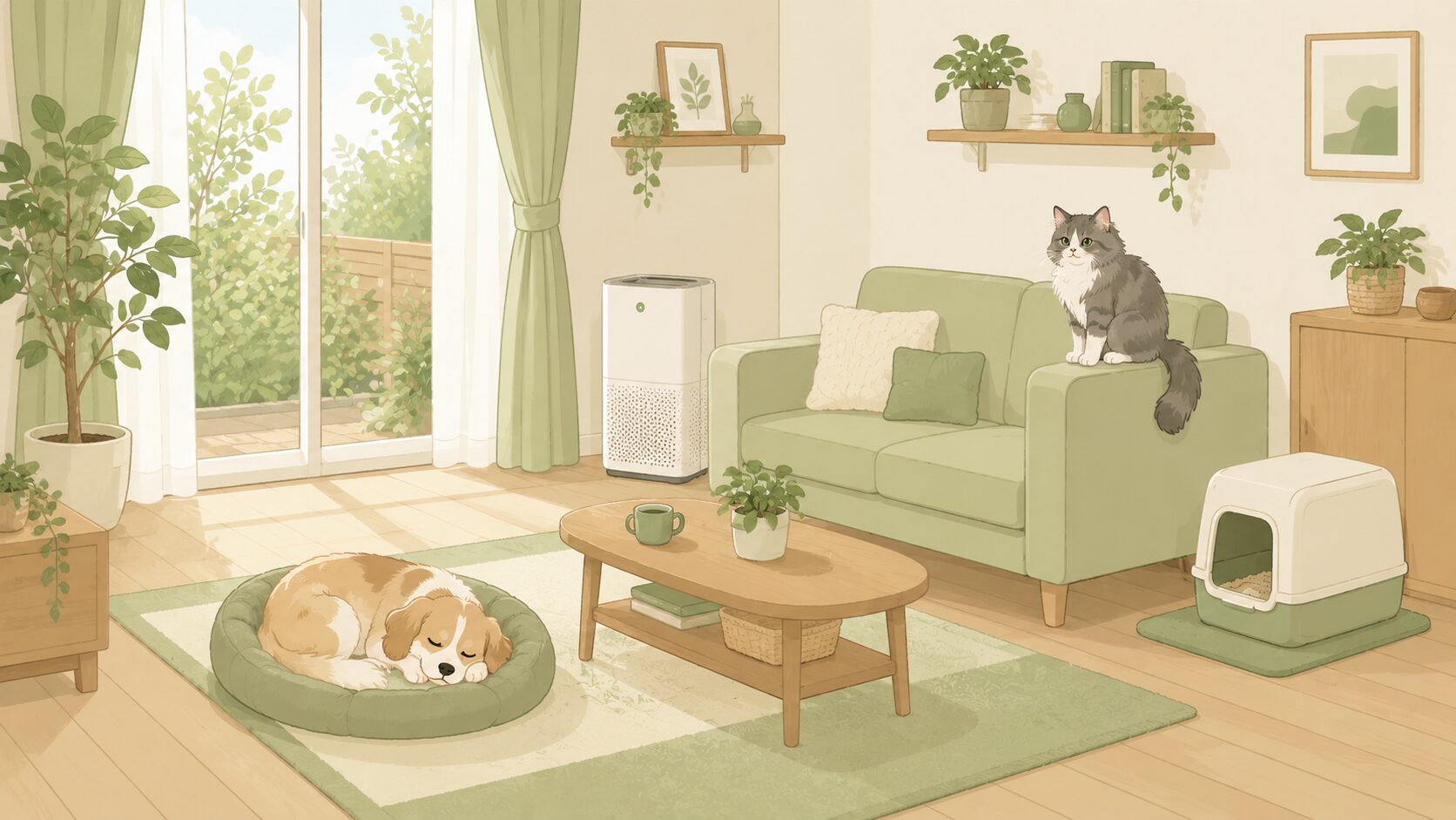 ペットと暮らす清潔リビング｜犬・猫・空気清浄機・植物・トイレが調和した毎日のケア習慣の到達イメージ