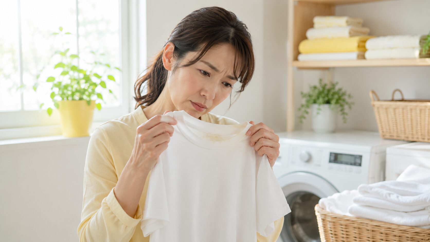 白Tシャツ襟元の黄ばみセルフチェック｜30代女性が明るい洗濯室で白Tシャツの襟元を持ち上げて変色を確認しているシーン