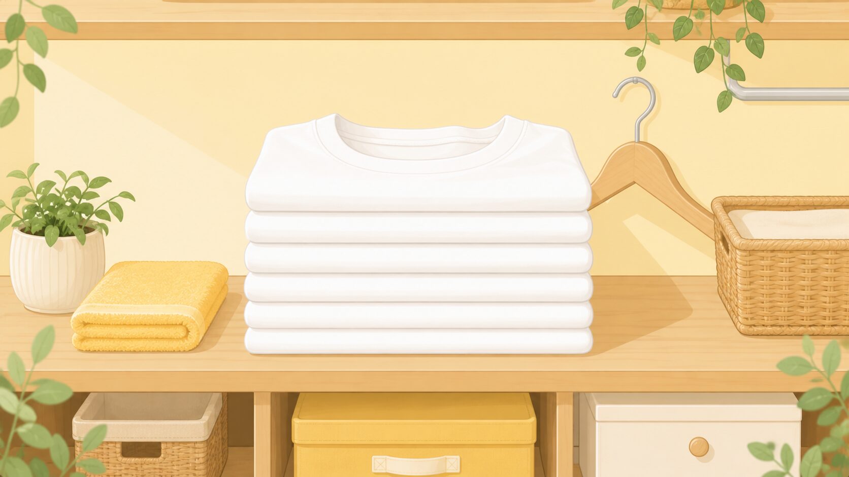 白Tシャツ収納術のフラットイラスト｜清潔な木製クローゼット棚に整然と折り畳まれた白Tシャツが並ぶ理想の保管イメージ