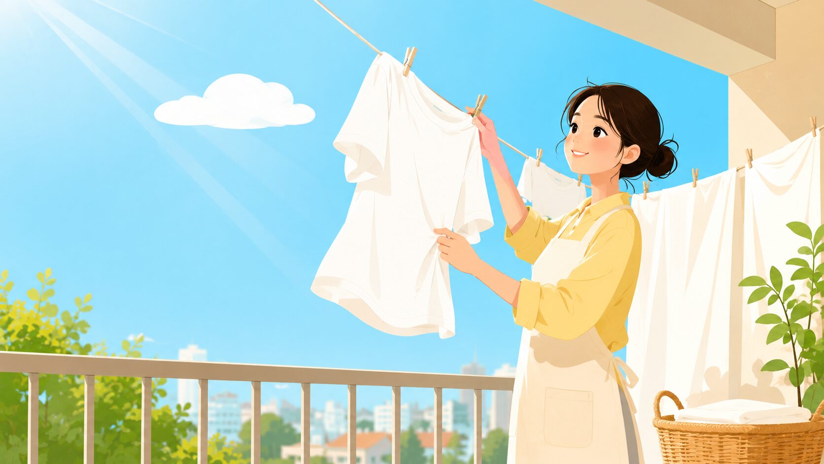 毎日の洗濯習慣で汗臭を予防するイメージ|爽やかな朝の洗濯シーンをフラットイラストで表現