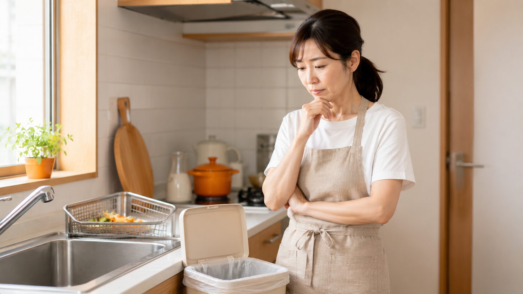 生ゴミ臭が気になる夏のキッチンで悩む女性|食材別セルフ診断と冷凍庫ルールへの導入