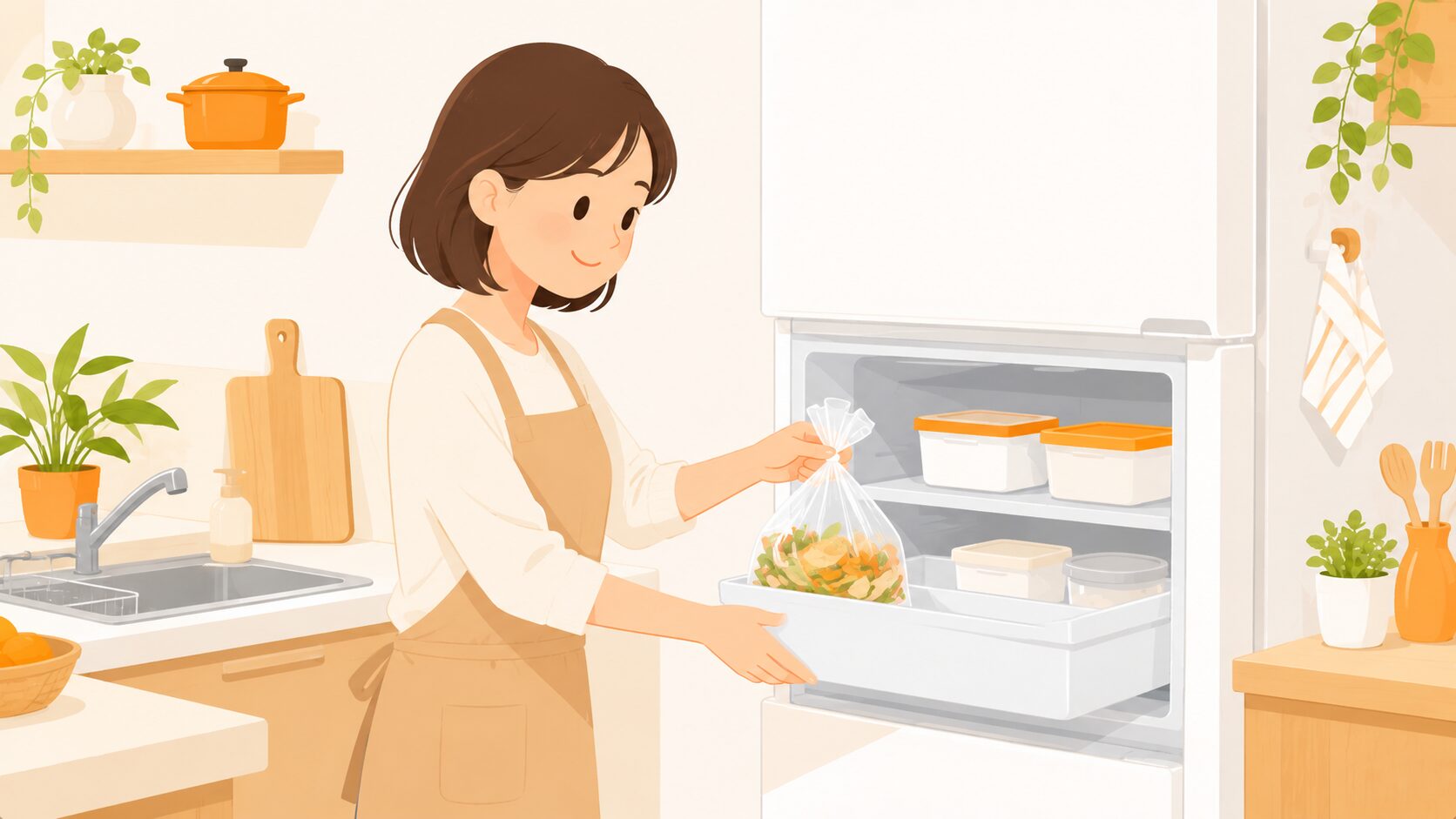 冷凍庫に小分けした生ゴミを入れる女性のイラスト|orangeトーンで清潔感を演出