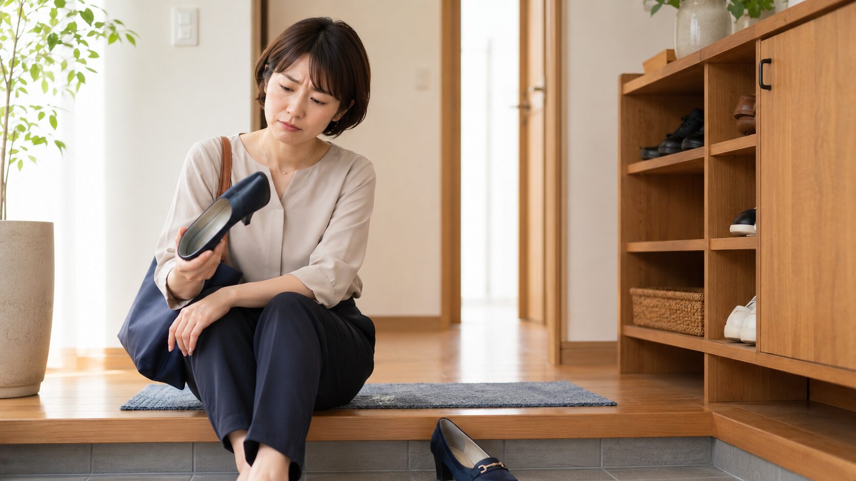 靴の臭いセルフチェック｜玄関で靴を手に取って状態を確認する女性のライフスタイル写真