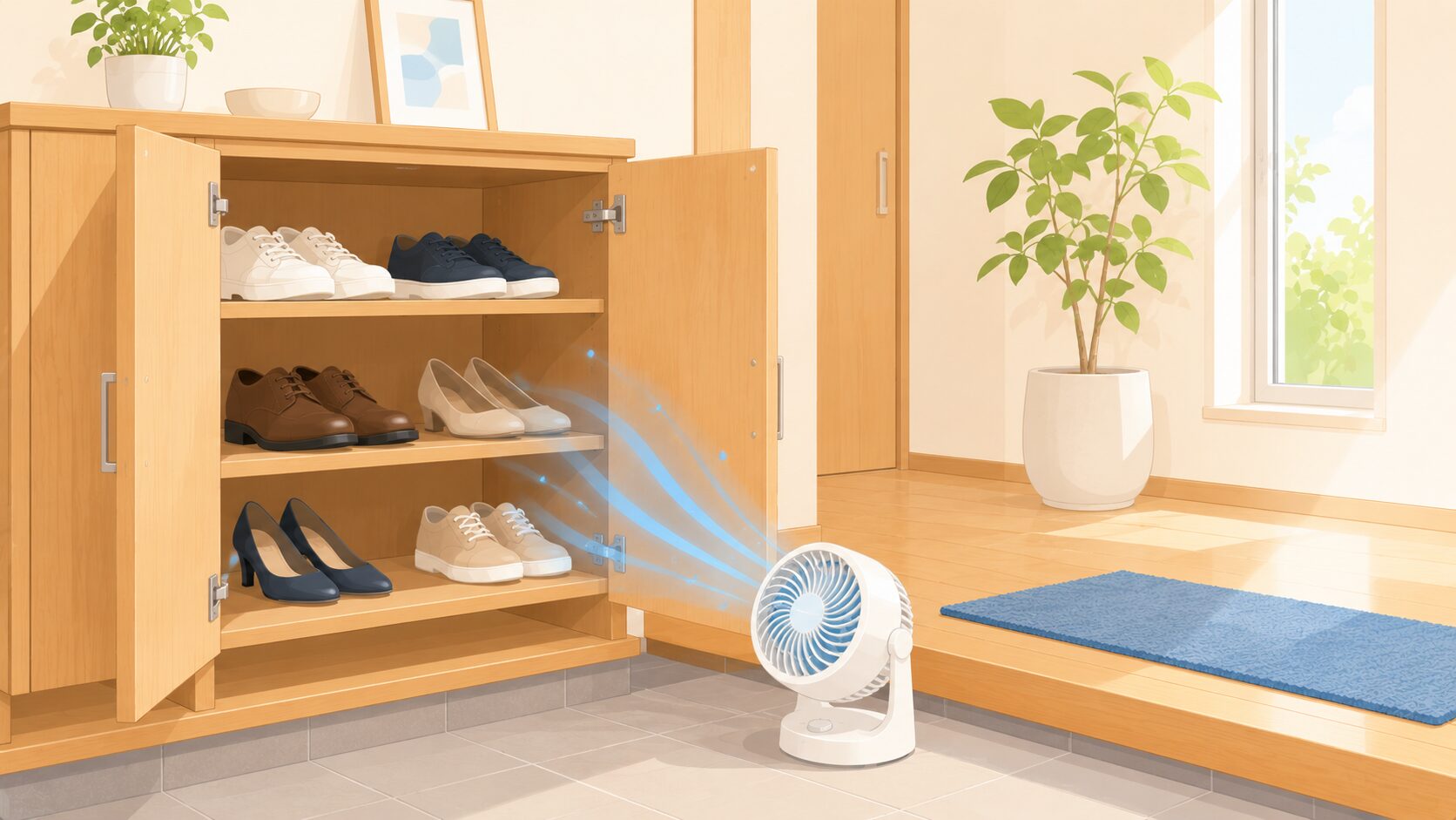 下駄箱の換気と靴ケア用品｜玄関の通気と整理整頓で臭いを予防するフラットイラスト