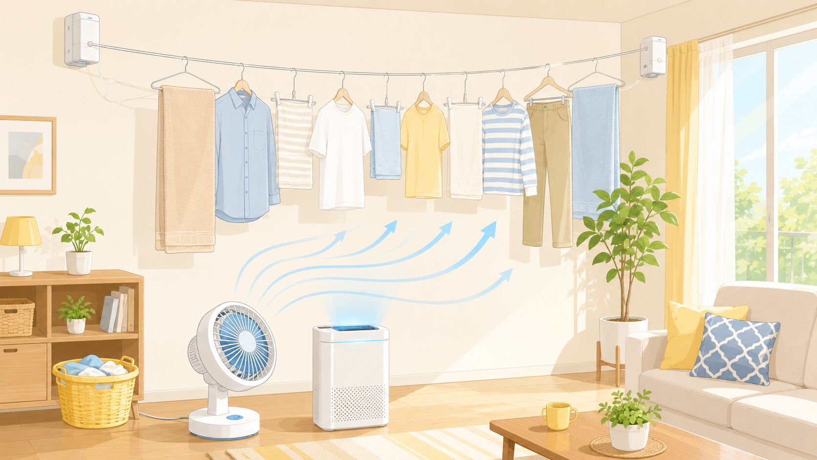 部屋干しと洗濯ケアのイラスト｜扇風機と除湿機で速乾を実現するライフスタイルシーン