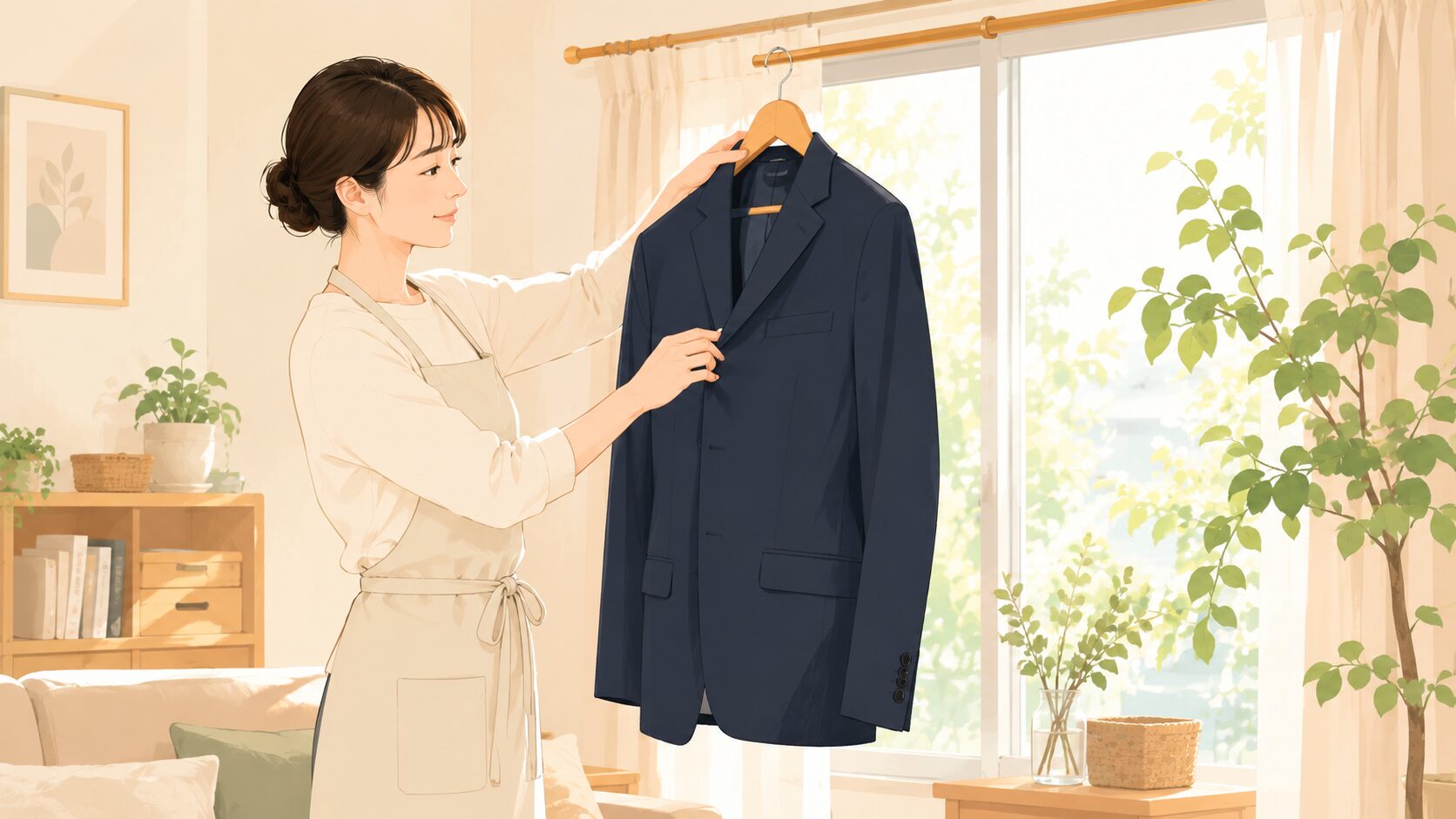 スーツを陰干しする女性｜風通しの良い窓辺で1日休ませる習慣