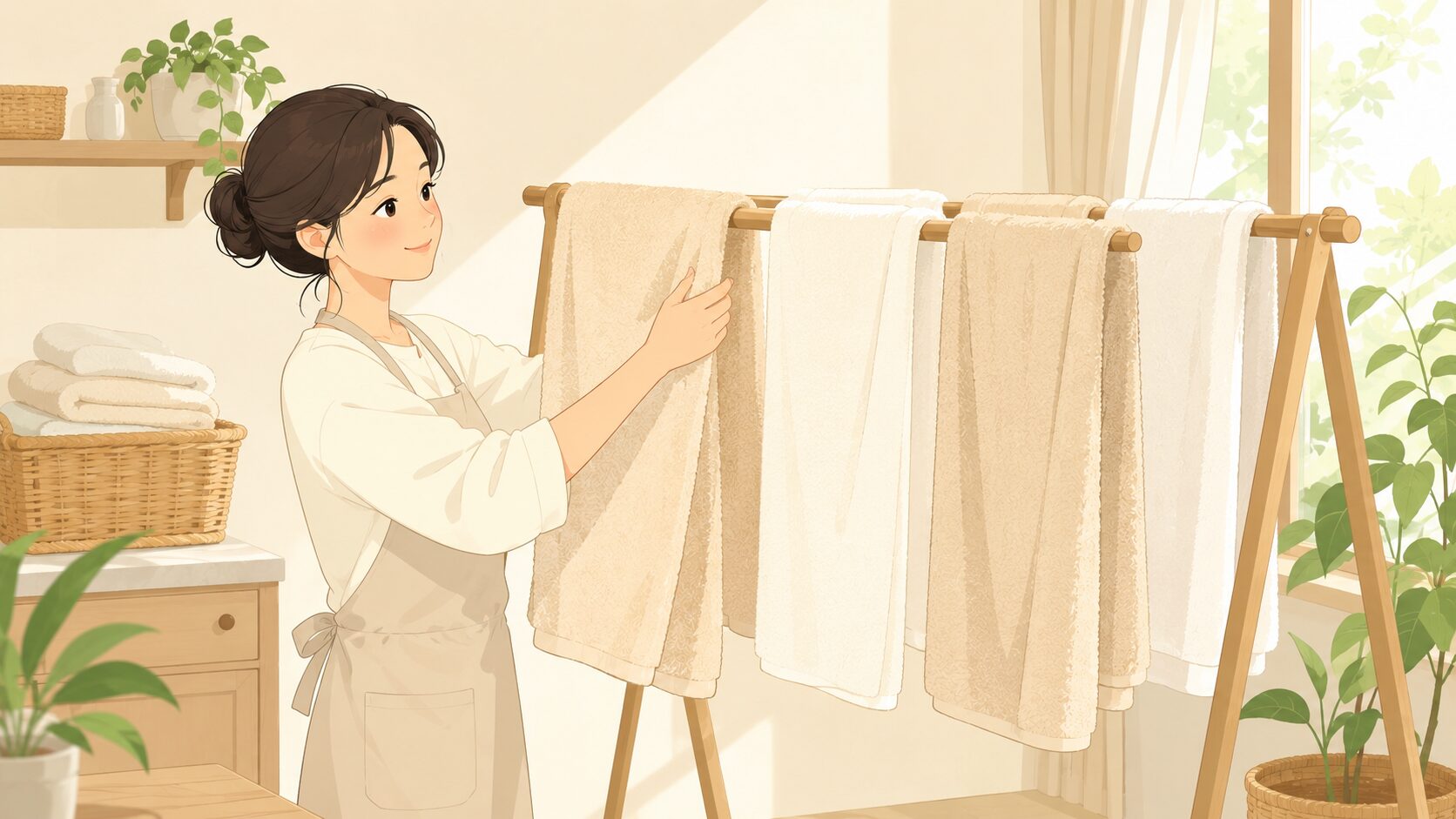 タオルを高く干す女性｜風通しと日光でタオルをふわっと仕上げる