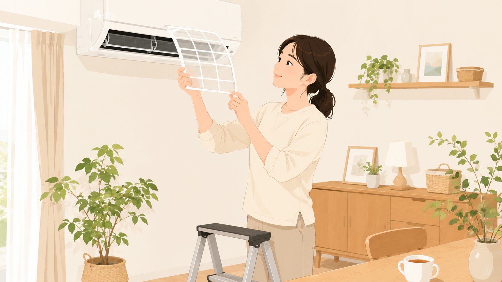 エアコンのフィルターを掃除する女性｜月1のセルフケアで臭いを予防