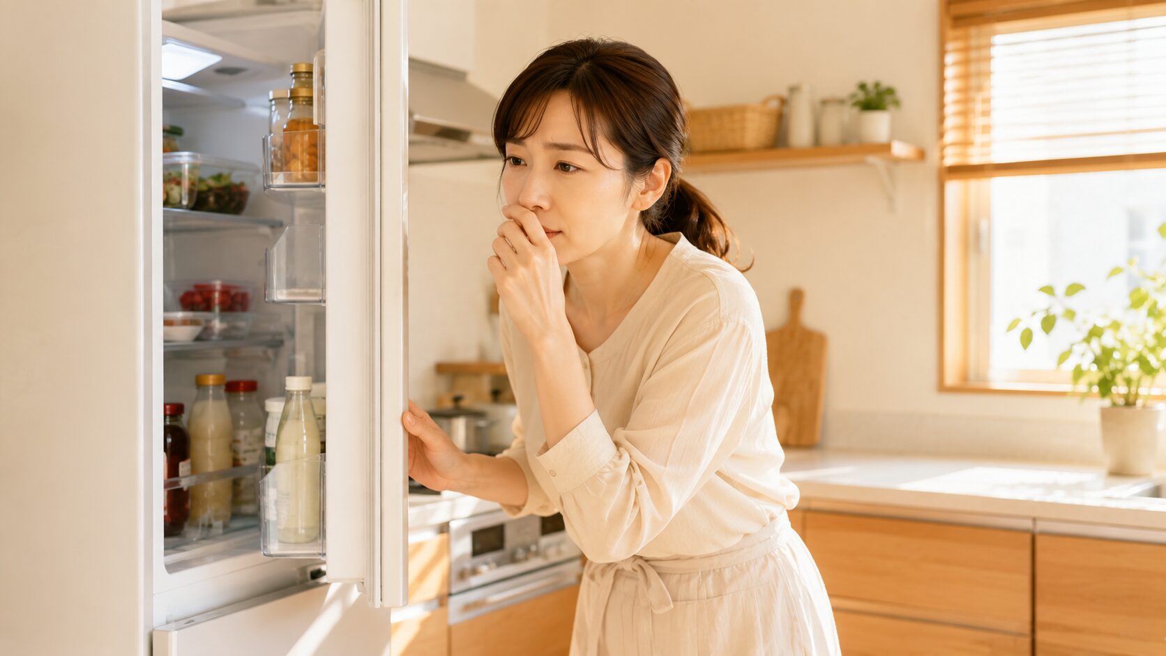 冷蔵庫を開けて臭いに気づく女性｜混ざり臭のセルフチェック