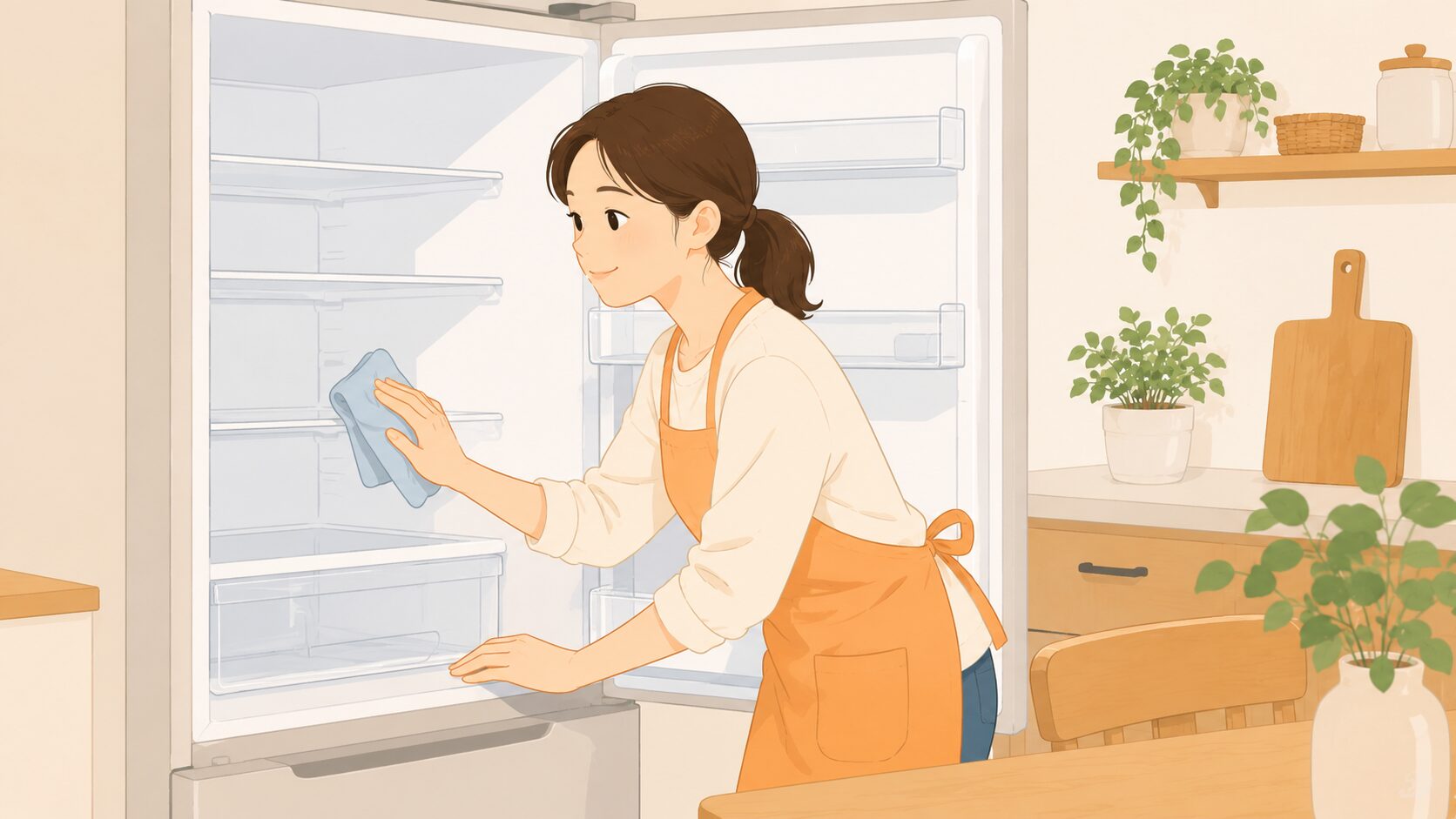 冷蔵庫の庫内を拭き掃除する女性｜月1ケアで臭いを予防する習慣