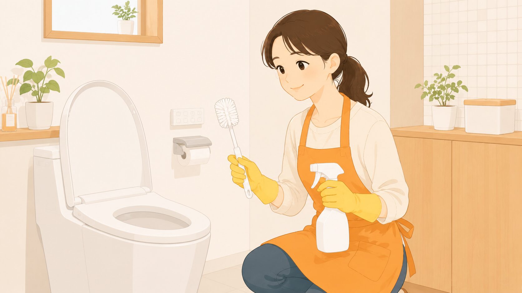 トイレ掃除中の女性｜週1ケアで臭いを予防する習慣