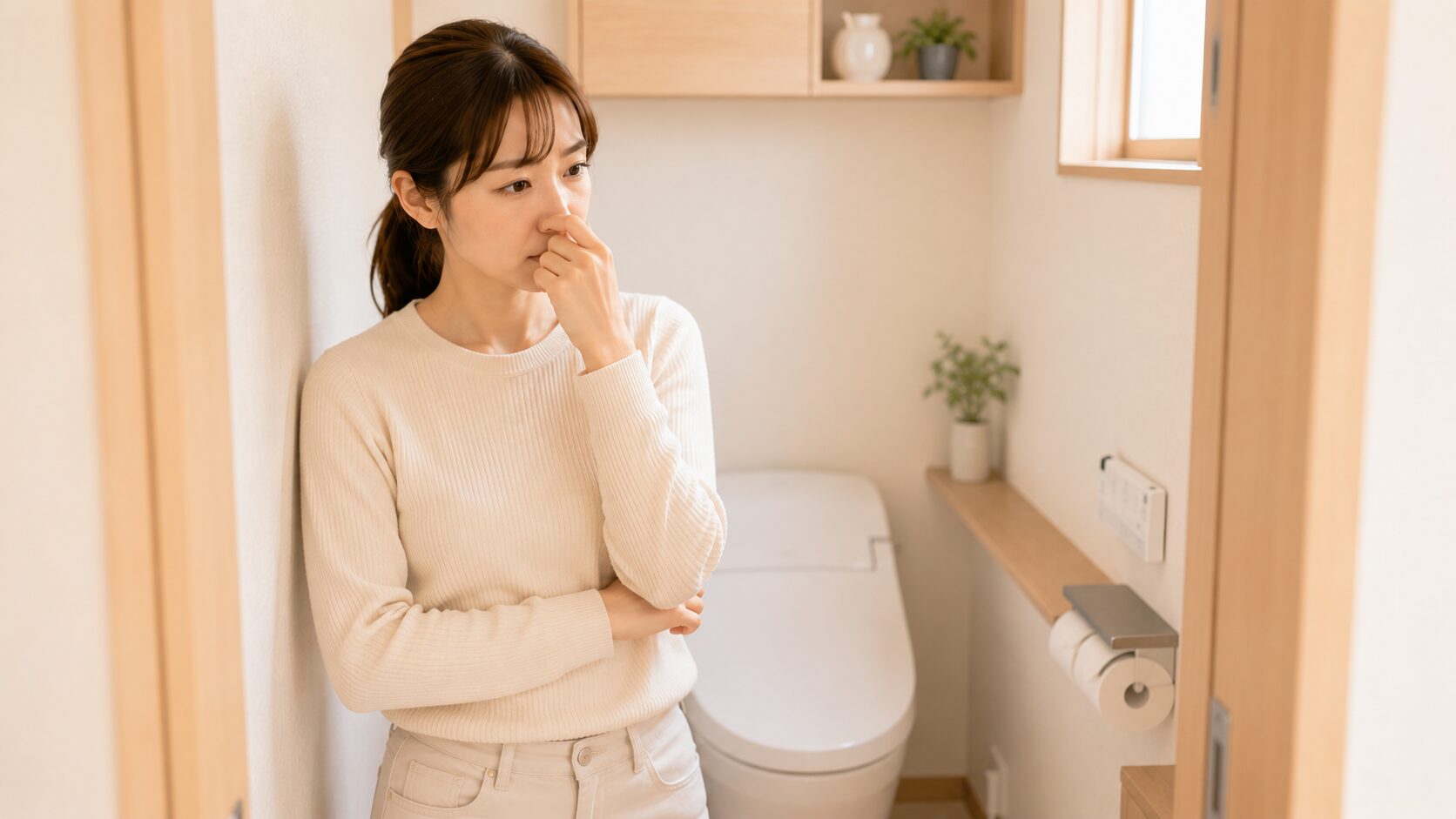 トイレの臭いに気づいて困った表情の女性｜原因を見極めるセルフチェック