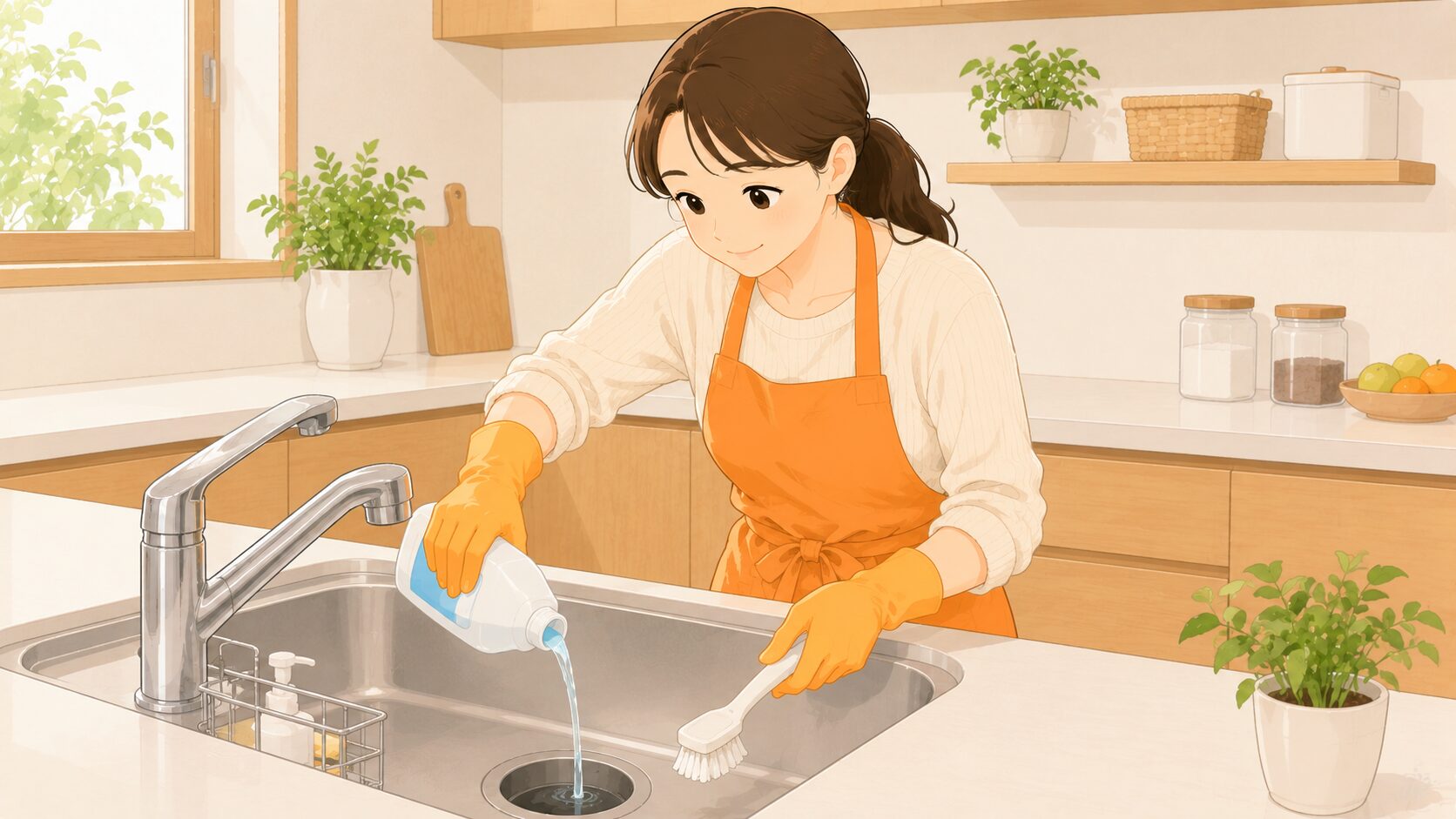 キッチンの排水口をケアする女性|重曹とクエン酸で水まわりのドブ臭を予防する習慣