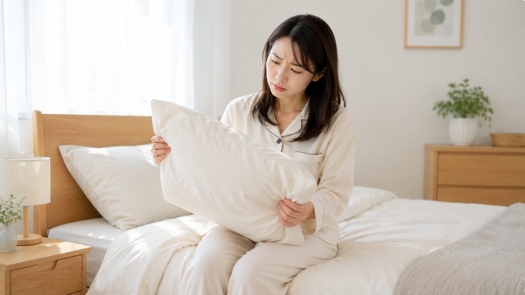 朝の寝室で枕の臭いに気づいた女性｜寝具特有のニオイセルフチェック