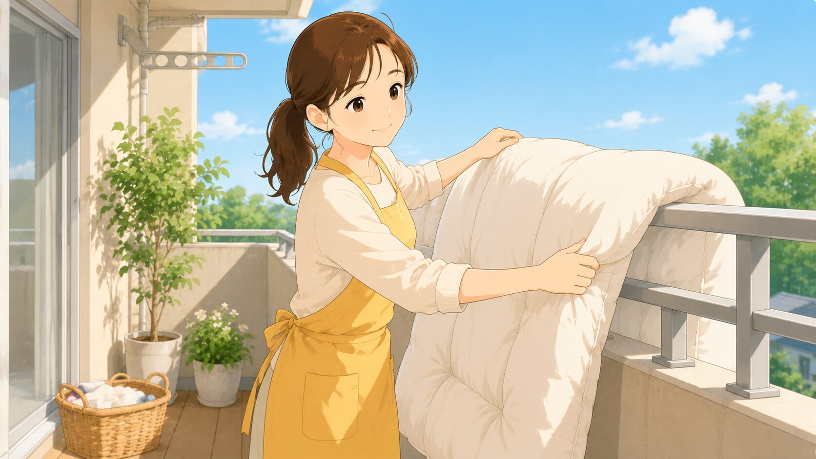 布団を干す女性｜毎日の習慣で寝具を清潔に保つ予防ケアの実践