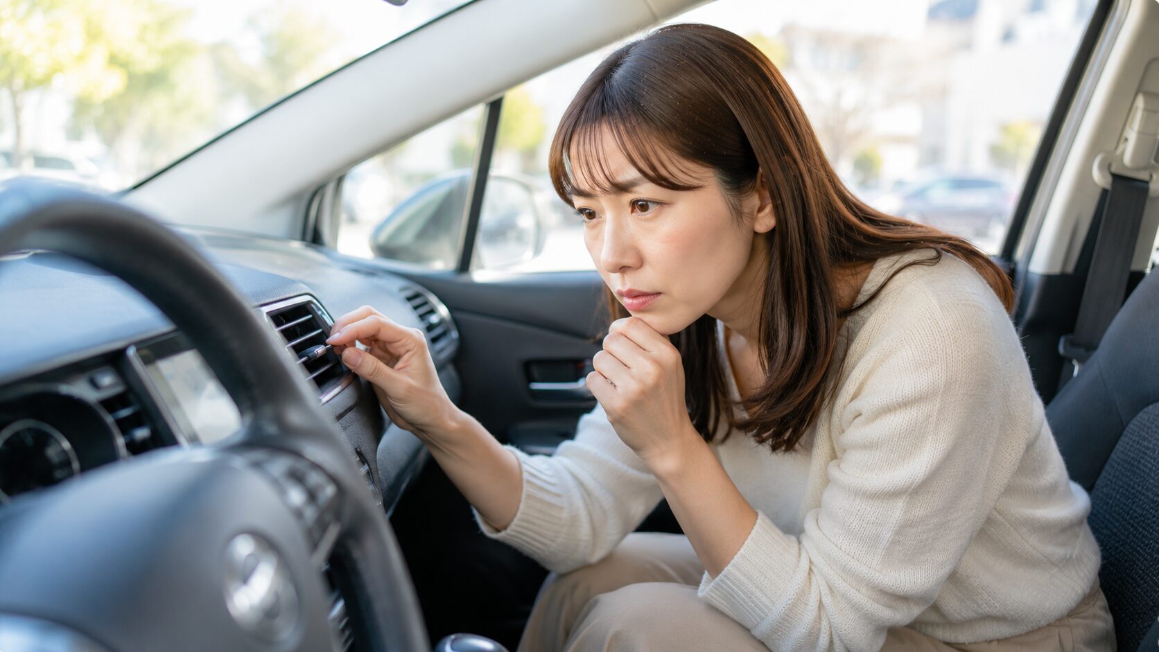 運転席で車内の臭いに気づく女性|車内臭セルフチェックの瞬間