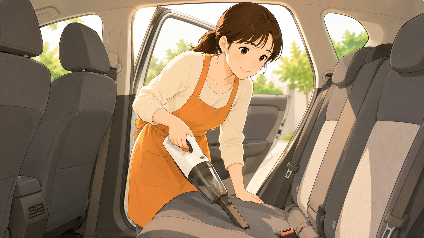 車内清掃をする女性のイラスト|毎日のちょっとした習慣で車内を清潔に
